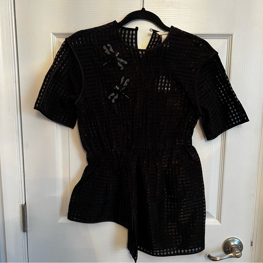 NWT H&M asymmetric checkered shirt with dragon appliqué